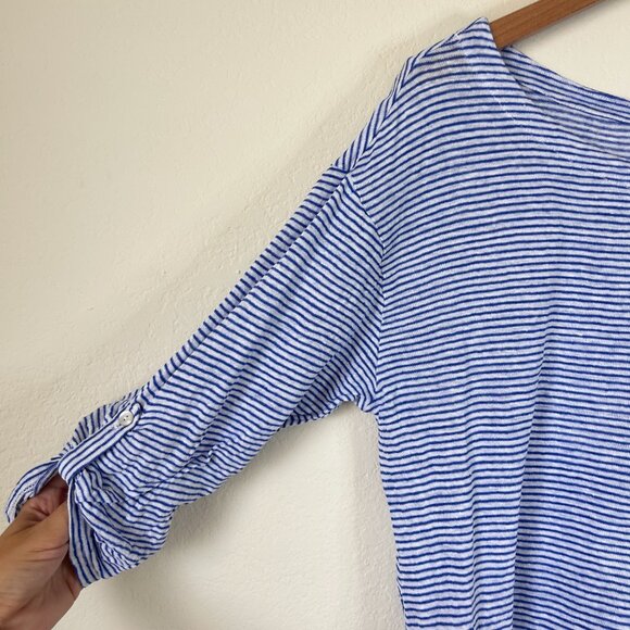 Adrienne Vittadini Top Womens 1X Plus Blue White Striped Linen Roll Tab Shirt - Picture 3 of 8